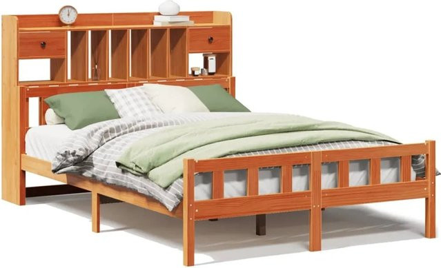 vidaXL Massivholzbett aus Kiefernholz mit Kopfteil und Regal in Braun, B/T/H: 150 x 200 cm - Bild 1