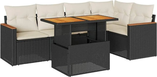 vidaXL 6-teilige Garten-Sofagarnitur aus Poly-Rattan und Akazienholz in Schwarz-Creme mit Kissen - Bild 1
