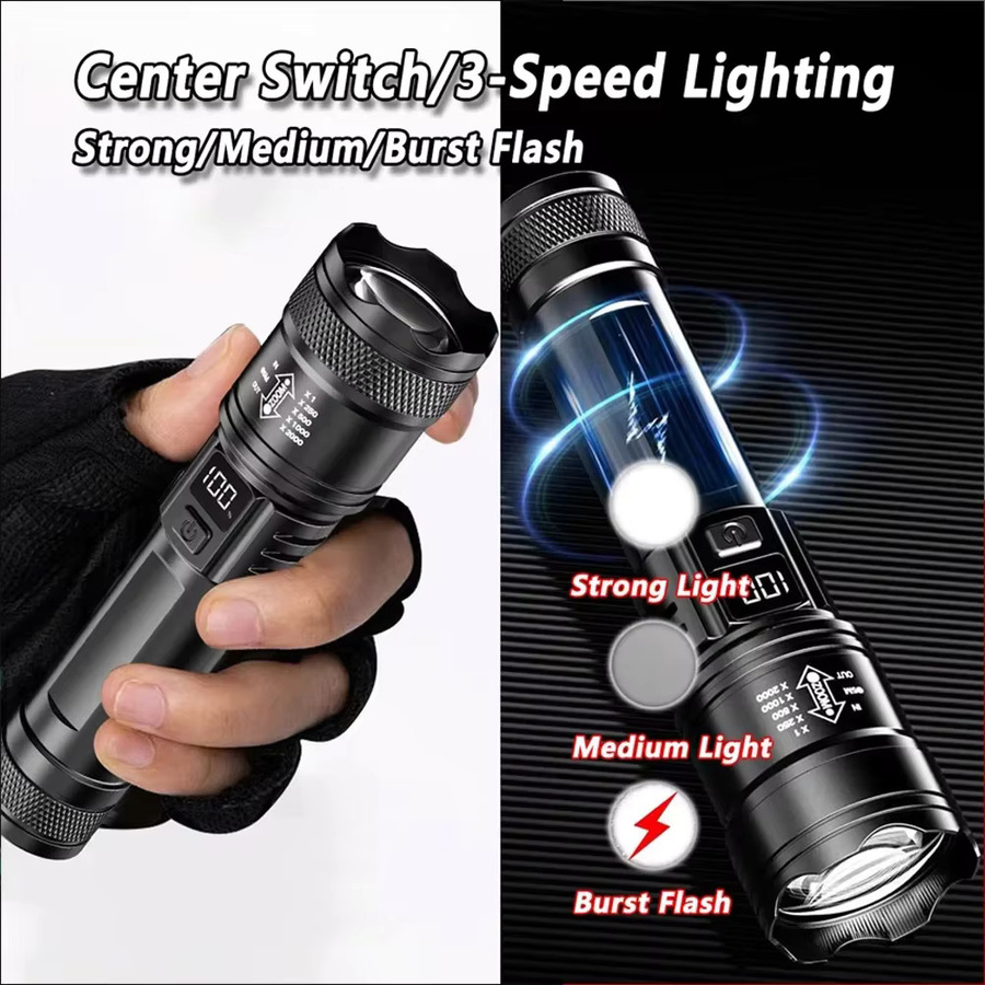 KDULIT Ultrahelle LED-Taschenlampe in Schwarz, wiederaufladbare Taschenlampe mit Display und Zoomfunktion aus Aluminium für Camping, Wandern und Notfälle - Bild 4