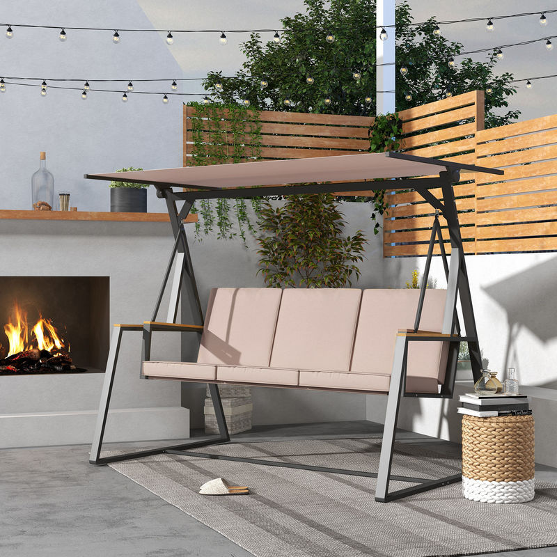 Outsunny Hollywoodschaukel wetterfest mit verstellbarem Sonnendach und Kissen, Farbe: Beige, B/T/H: 205 x 130 x 175 cm - Bild 2