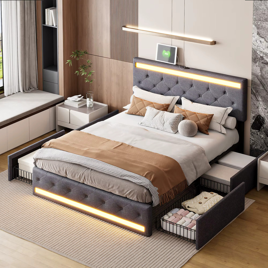 Anajqaqia Doppelbett aus Leinenstoff mit 4 Schubladen, LED-Beleuchtung und USB-Ladefunktion, Grau, B/T: 140 x 190 cm - Bild 3