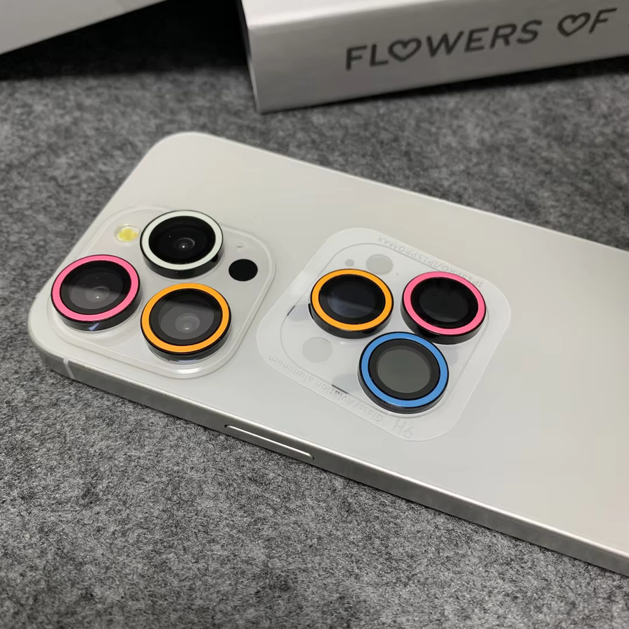 Set aus 2-3 leuchtenden Kameraobjektivschutz-Folien und Metallringen aus gehärtetem Glas für Apple iPhone 17 16 15 Pro Max 14 Plus in Gelb und Multicolour - Bild 3