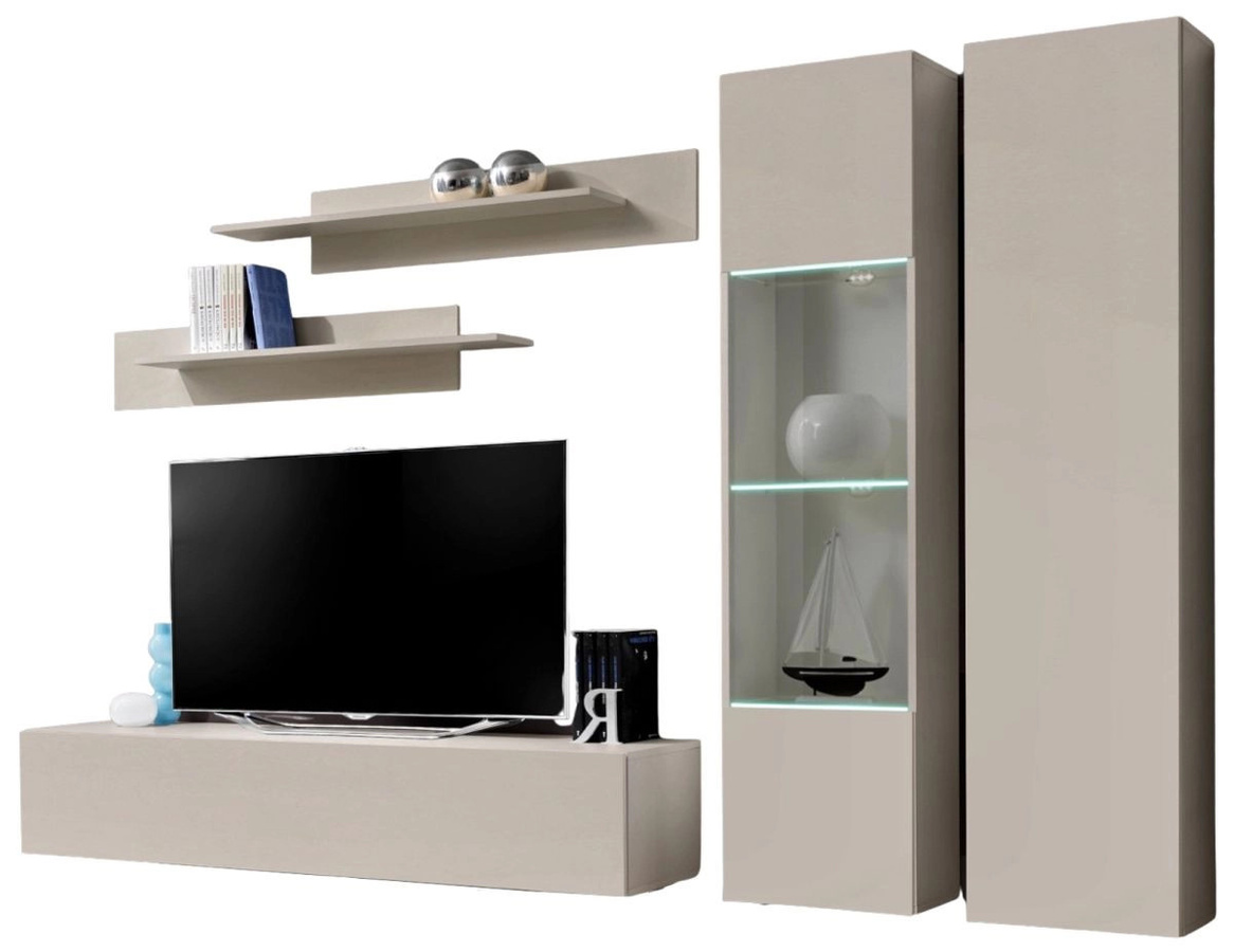 Wohnwand Option von Inn.Furn in Kaschmir Beige, 5-teiliges Set mit LED-Beleuchtung und Glasvitrine, Breite: 260 cm - Bild 5