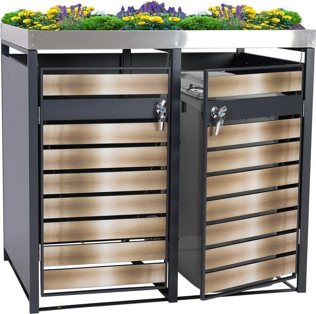 MCW Mülltonnenverkleidung J81 für 2 Mülltonnen mit Pflanzkasten, erweiterbar, Metall, Anthrazit-Gold, B/T/H: 125 x 132 x 80 cm - Bild 1