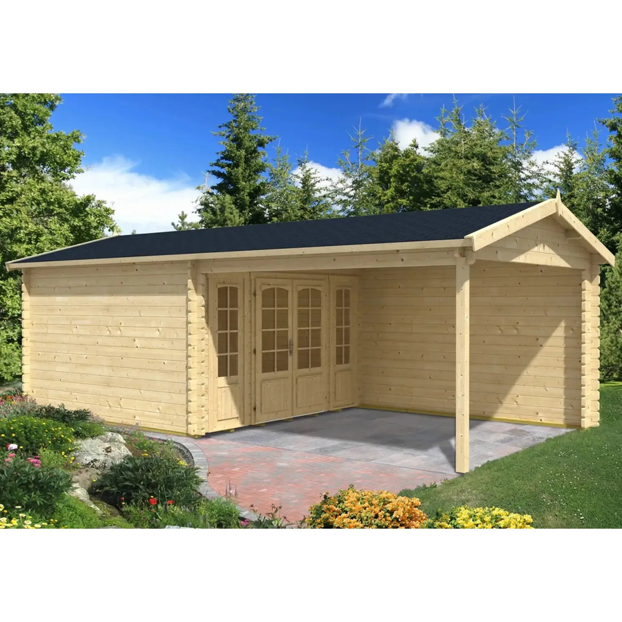 Alpholz Gartenhaus Freiburg-44 in Natur mit Satteldach und Doppeltür in Blockbohlenbauweise, B: 755 cm, T: 399 cm - Bild 2