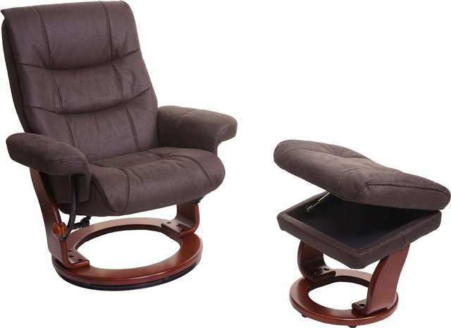 MCA Relaxsessel MCW-J42 mit gepolstertem Fußhocker und Staufach, Schwarz-Braun, Wildleder-Imitat und Walnuss-Optik - Bild 1