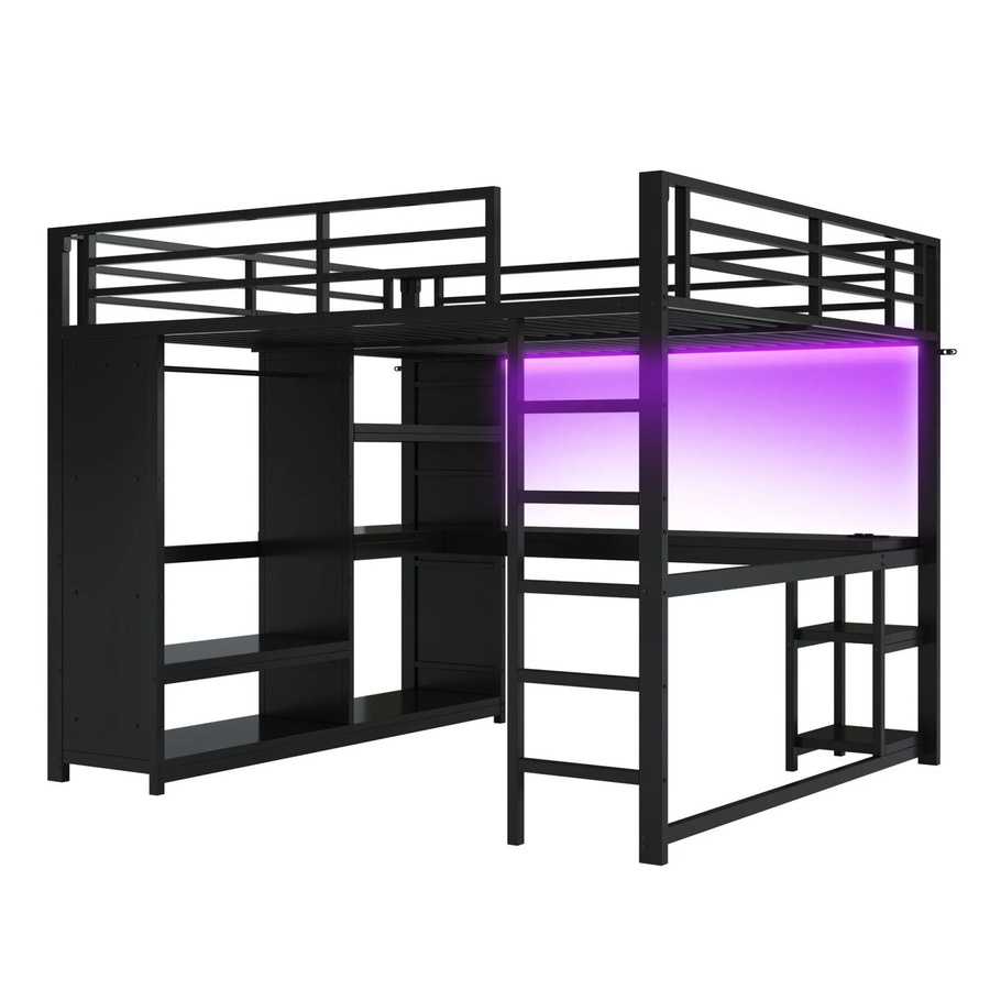 okwish Hochbett für das Jugendzimmer mit Schreibtisch und Kleiderschrank in Schwarz, Metall, B/T/H: 200 x 160 x 165 cm - Bild 2