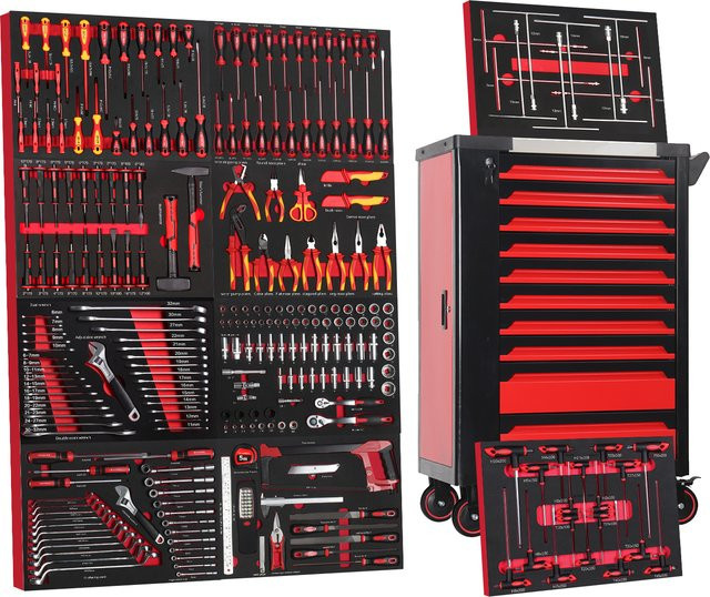 EJ Schwerlast-Werkzeugwagen in Rot mit 10 Schubladen und 260-teiligem Werkzeugsatz für Garage und Werkstatt B/T/H: 118,8 x 83,5 x 45,5 cm - Bild 1