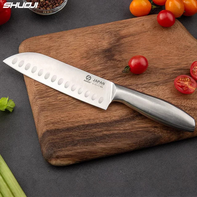 SHUOJI Santoku-Küchenmesser aus Edelstahl mit antihaftbeschichteter Klinge und Hohlgriff, Silber, Klingenlänge: 17,8 cm - Bild 1