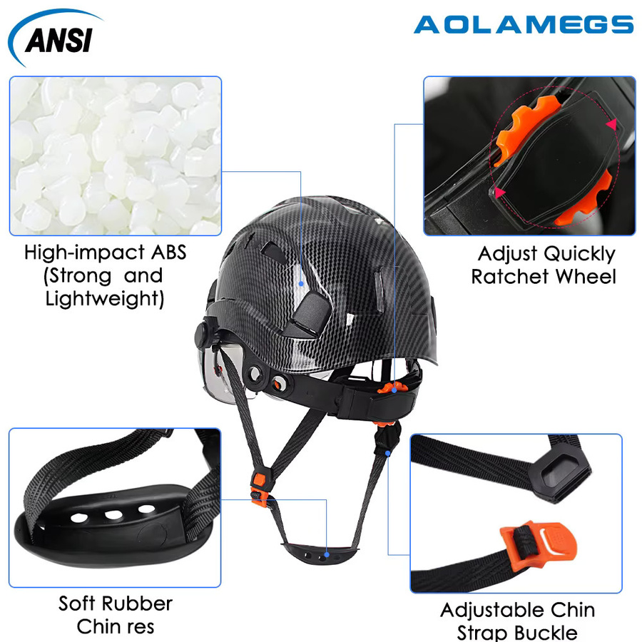 Aolamegs Schutzhelm mit Visier und integrierter Schutzbrille in Schwarz, belüfteter ABS-Hartschalenhelm mit Kohlefaser-Muster und 6-Punkt-Aufhängung - Bild 5