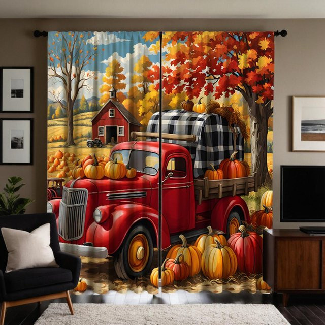2er-Set dekorative Vorhänge mit Erntedankfest-Motiv, Landhaus-Stil mit Kürbis und LKW, digital bedruckt, Mehrfarbig, B: 132 cm, H: 160 cm - Bild 1