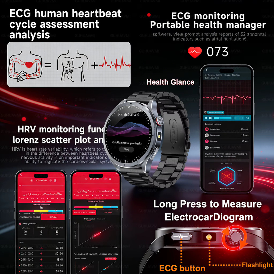 GUHUAVMI Gesundheits-Smartwatch mit 650nm Lasertherapie, EKG, Harnsäure- und Blutdruckmessung sowie Bluetooth-Anruffunktion für Android und iOS, Schwarz - Bild 3
