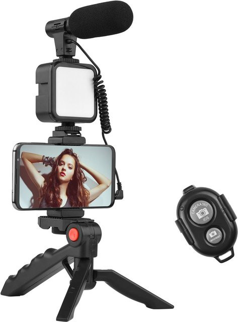 Andoer Telefon-Vlog-Video-Set mit Tischstativ, Telefonhalter, Kaltschuh-Mikrofon und LED-Video Licht in Schwarz - Bild 1