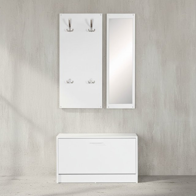 KADIMA DESIGN Wandgarderobe DELFT mit Spiegel in Weiß, inklusive 10 Metallhaken und Schuhablage, H x B x T: 180 x 80 x 27 cm - Bild 1