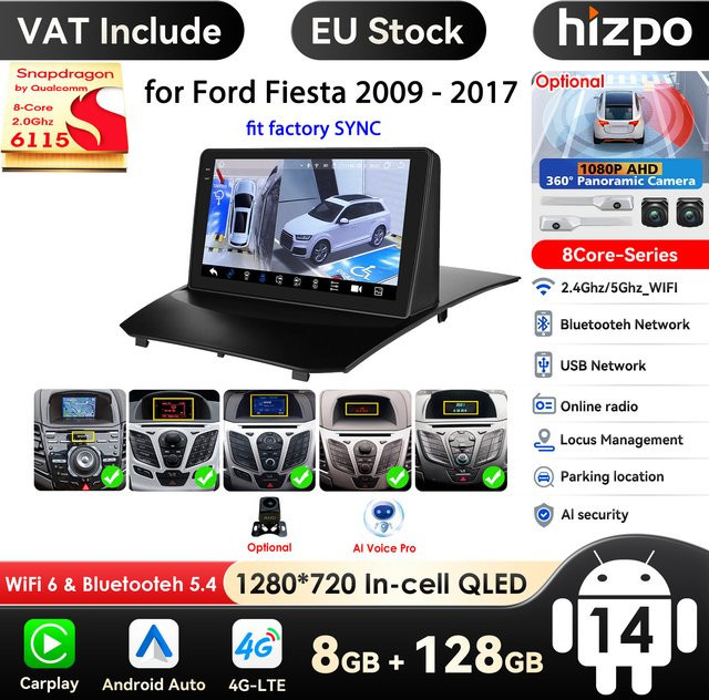 Hizpo Snapdragon Autoradio mit Carplay und Android für Ford Fiesta Mk6 MK7 2008-2019, Multimedia Video Player mit GPS, Schwarz - Bild 1
