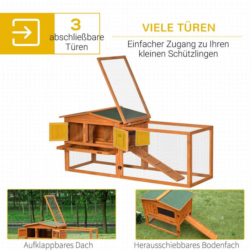 PawHut Kaninchenstall aus Tannenholz mit Asphaltdach und Rampe in Orange, B/H/T: 58 x 156 x 68 cm - Bild 3