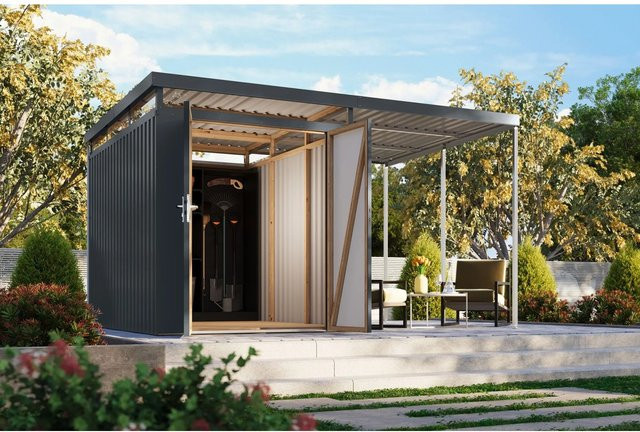 Karibu Metallgerätehaus Argos 2,5 mit Anbaudach in Graualuminium - Bild 1