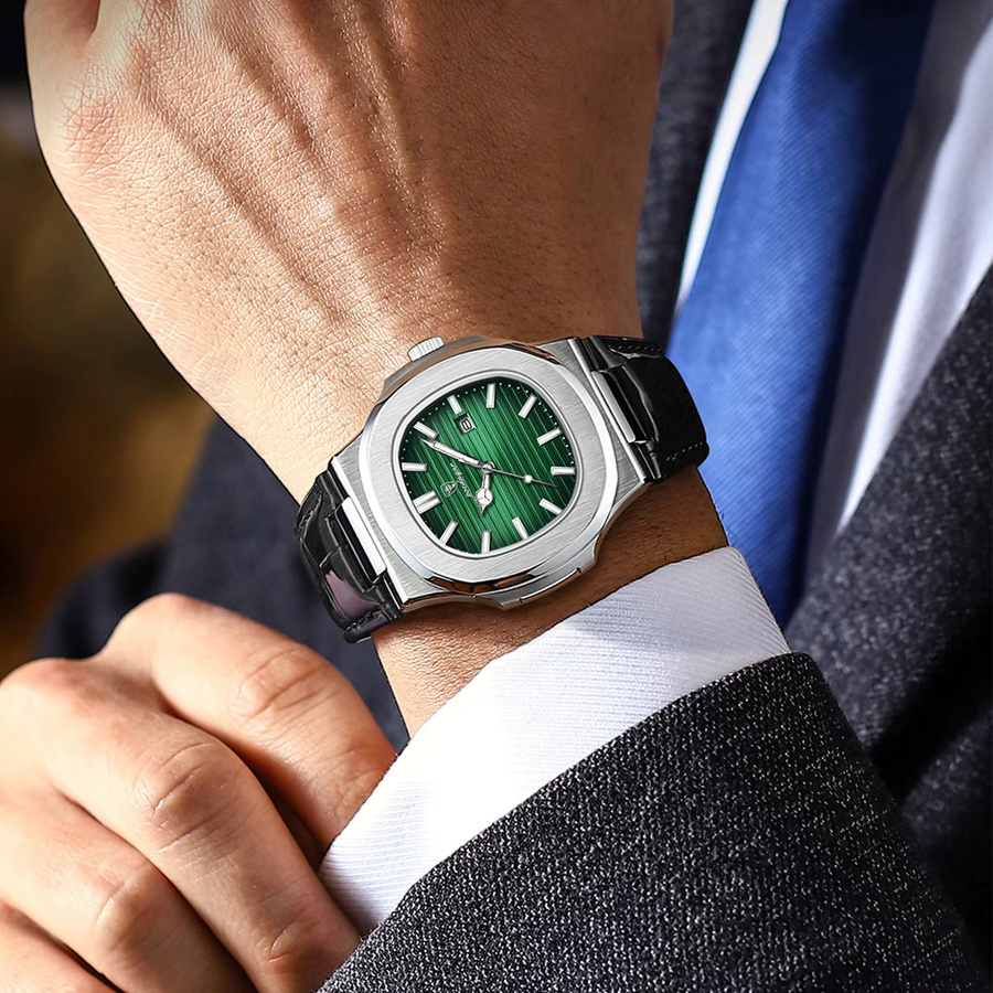 POEDAGAR Armbanduhr Quarz, Leder, Grün, Silber, Herren - Bild 5