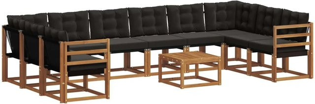 vidaXL Outdoor-Sofagarnitur aus Akazienholz in U-Form, 11-teiliges Set mit Textilene und Kissen, Schwarz und Natur - Bild 1