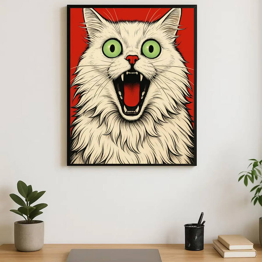 Pop-Art Kunstdruck von SHENCHEN mit schreiender weißer Katze auf rotem Hintergrund, rechteckige Wanddekoration im Boho-Stil aus Papier - Bild 3