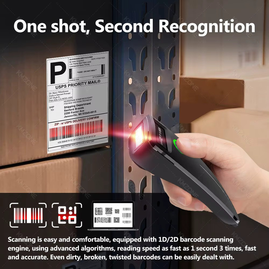 KMZONE 2D Mini-Barcode-Scanner Handheld, kabellos via Bluetooth 2.4G oder kabelgebunden via USB, Schwarz, unterstützt QR, PDF417, EAN13 und Data Matrix - Bild 3