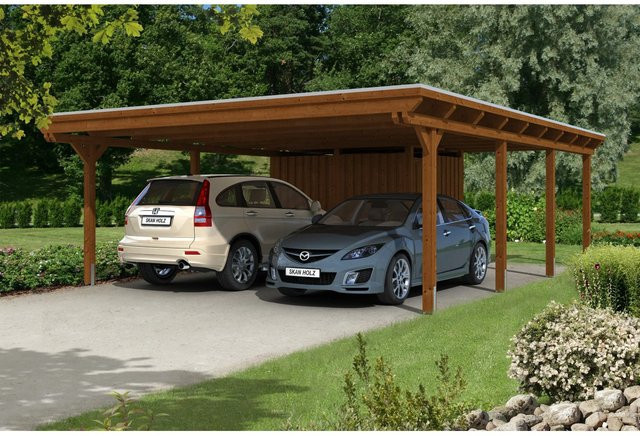 Skan Holz Carport Emsland aus Fichte Leimholz mit Abstellraum in Nussbaum Braun, Breite: 613 cm, Tiefe: 846 cm, Höhe: 248 cm - Bild 1