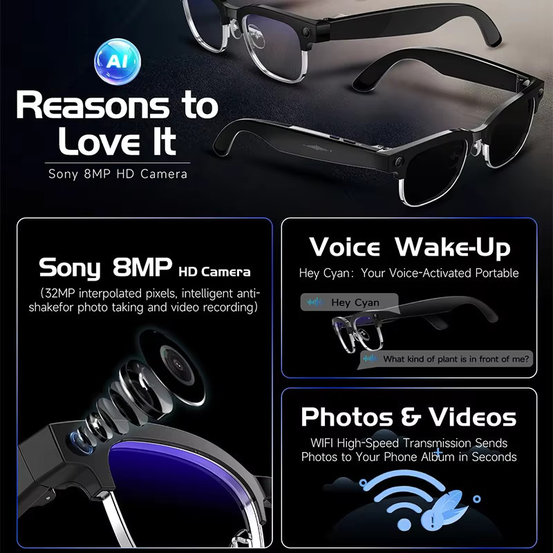 Smart-Brille yaocx mit 800W Kamera, HD-Videoaufnahme, Anti-Shake-Funktion, Sprachassistent, Musik und Bluetooth-Anruf in Schwarz oder Grau - Bild 3