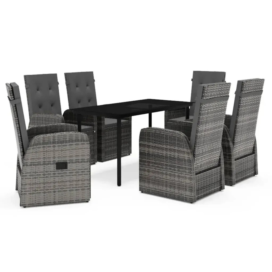 vidaXL 7-teilige Garten-Essgruppe aus PE-Rattan und Glas in Grau mit Auflagen - Bild 2
