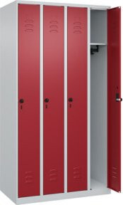 C+P Spind Classic PLUS Garderobenschrank mit 4 Abteilen, Höhe: 185 cm, Breite: 100 cm, Tiefe: 50 cm, Sicherheits-Drehriegel und 3 Garderobenhaken, Lichtgrau/Rubinrot - Bild 1