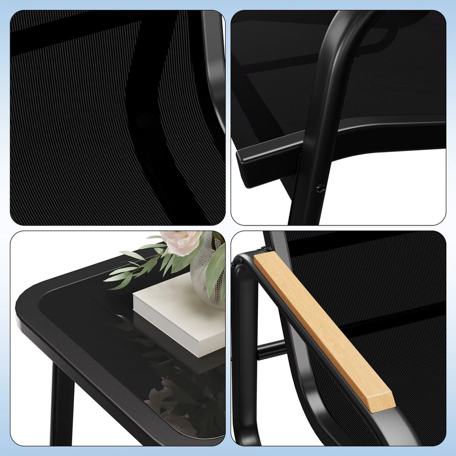 Studyset 3-teiliges Outdoor-Bistro-Set in Schwarz mit Glas-Beistelltisch und 2 Netz-Armlehnstühlen aus pulverbeschichtetem Stahl für Garten, Balkon und Terrasse - Bild 3