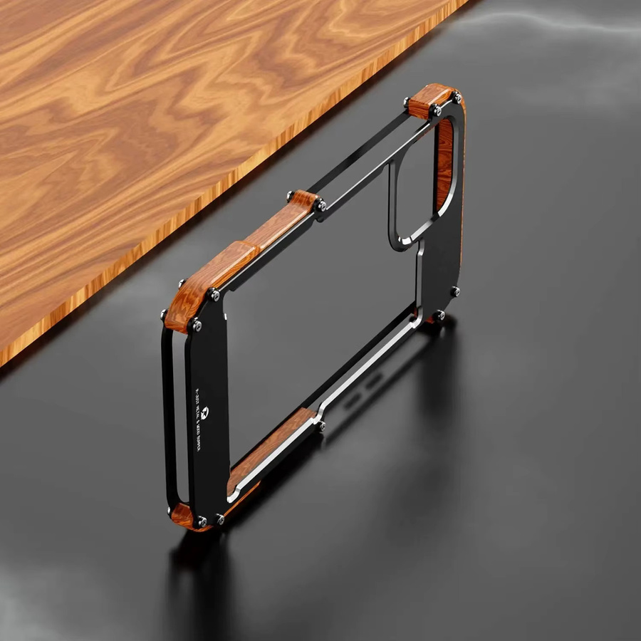 Stoßfeste Schutzhülle aus Aluminium und Holz für iPhone 13, 14, 15 und 16 Pro Max in Schwarz - Bild 2