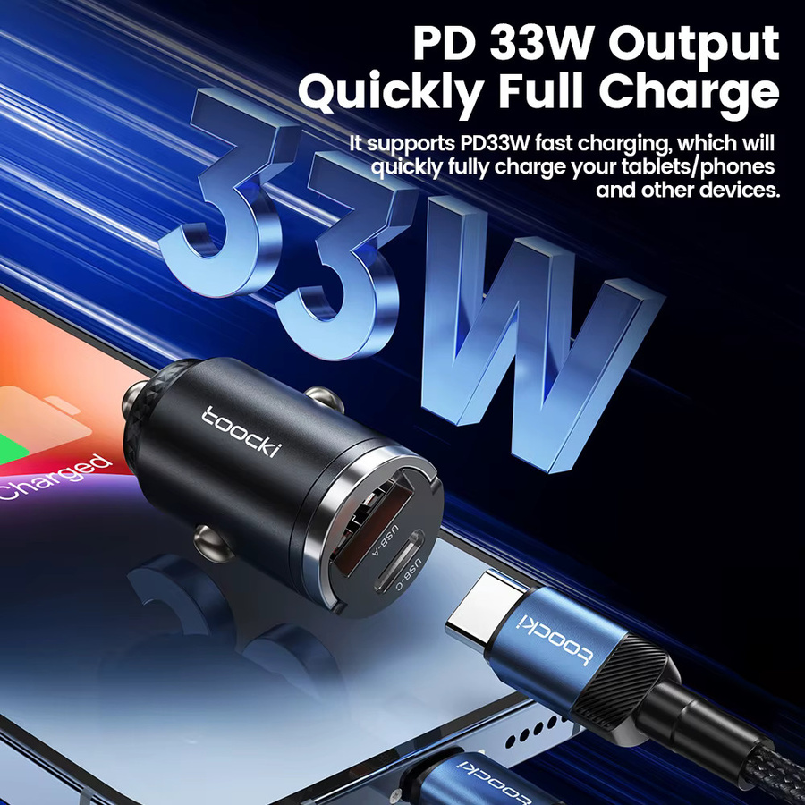 Toocki 33 W Mini Auto Ladegerät mit PD und QC 3.0 Schnellladung, USB Typ C mit Pull Ring, Schwarz, kompatibel mit iPhone 15, Xiaomi, Samsung S24 und PPS-Unterstützung - Bild 2