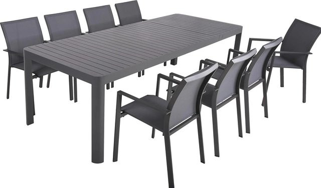 DELUKE Garten-Sitzgruppe ELISA 9-tlg. Gartenmöbel-Set aus Aluminium und Kunststoff in Dunkelgrau mit ausziehbarem Esstisch im Industrial-Design - Bild 1