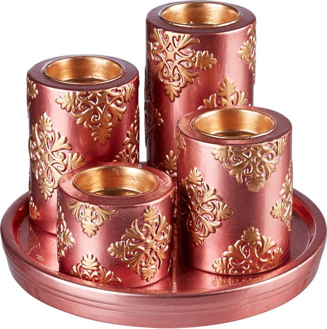 5-teiliger Kerzenteller Adventszeit von viva domo in Gold und Pink für Teelichter - Bild 1
