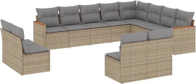 vidaXL 12-tlg. Garten-Sofagarnitur in L-Form aus Poly-Rattan und Akazienholz mit Kissen, Beige - Bild 1