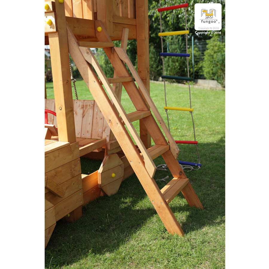 Fungoo Spielturm Joy Klettergerüst aus Teak mit Rutsche, Leiter, Holzdach und Fernrohr - Bild 3