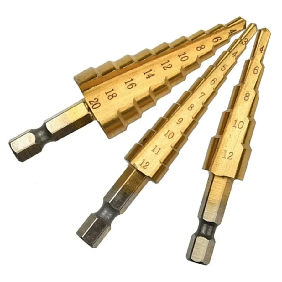 Dreiteiliges Set Titanbeschichteter Stufenbohrer aus HSS-Schnellarbeitsstahl für Metall und Holz in Gold - Bild 2
