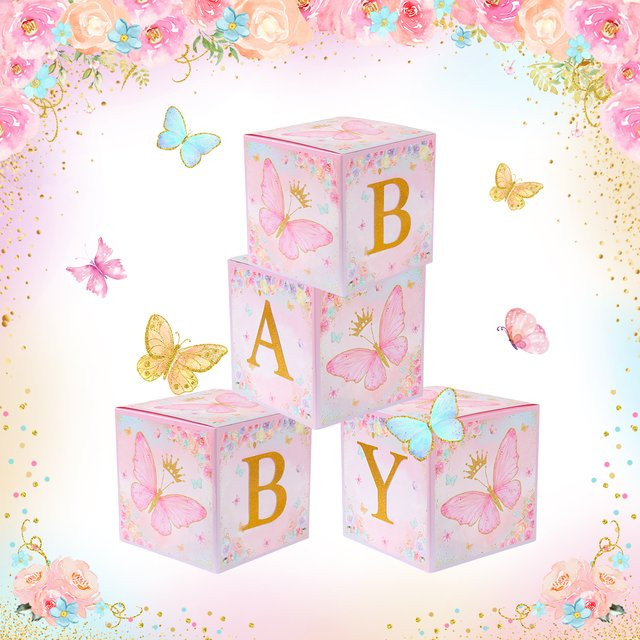 Huiran 4er Set Babyparty-Boxen in Rosa mit Schmetterlings- und Blumenmuster für Gender Reveal und Geburtstage - Bild 1