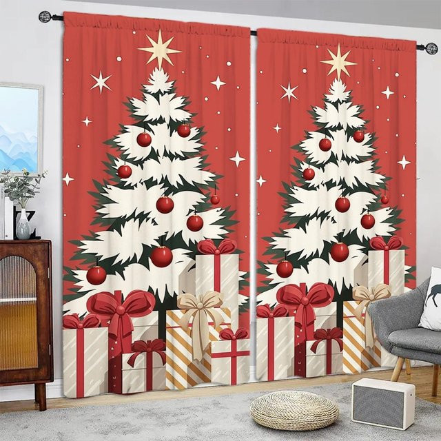 2er-Set bedruckte Weihnachts-Vorhänge von Household supplies MH in Weiß und Rot, halbtransparent, B: 52,5 cm, H: 116 cm - Bild 1