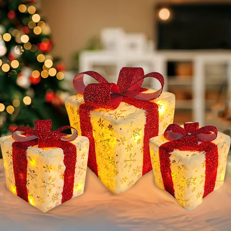 DBF 3-teiliges Set leuchtende Weihnachtsgeschenkboxen aus PVC in Multicolor mit Schleife und Band zur Außen- und Tischdekoration - Bild 2