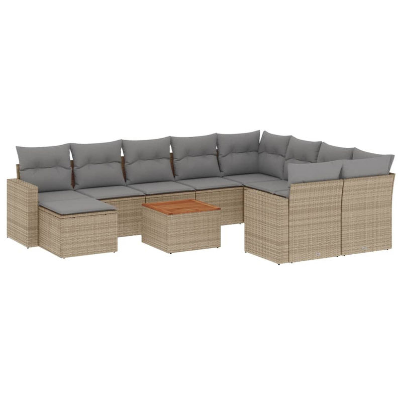 vidaXL 11-tlg. Garten-Sofagarnitur in L-Form aus Poly-Rattan und Akazienholz mit Kissen in Beige-Grau - Bild 2