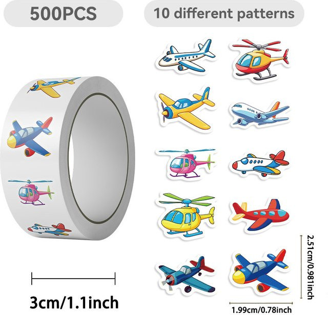 Wasserfeste Cartoon-Flugzeug Aufkleber aus PVC in Mehrfarbig für Kinder DIY-Projekte, 500 Stück pro Rolle von RecordingYourLife Store - Bild 1