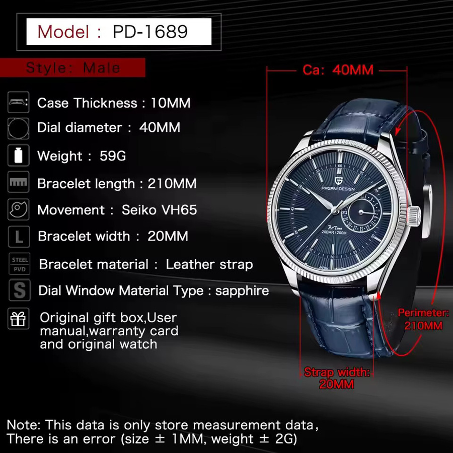 PAGANI DESIGN Armbanduhr, Quarz, Edelstahl, Leder, 40 mm, Herren - Bild 6