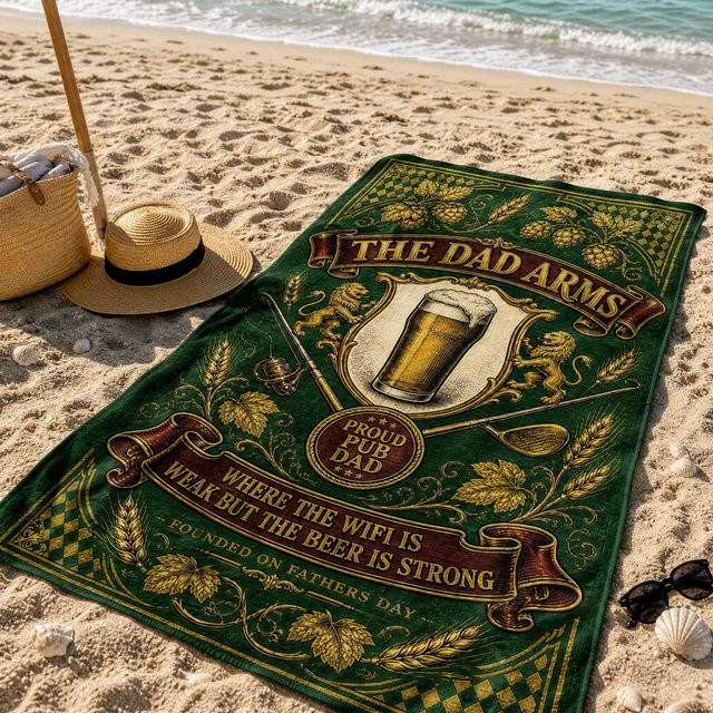 Dad Arms Pub Strandtuch mit Vintage Bierwappen-Print, schnelltrocknendes Mikrofaser-Handtuch in Grün, B/H: 70 x 150 cm - Bild 1