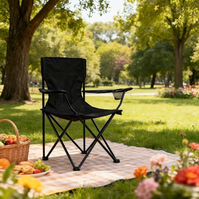 Klappbarer Outdoor-Stuhl von LIUSHADUOLA in Schwarz mit Armlehnen aus Outdoor-Stoff und pulverbeschichtetem Stahl - Bild 1