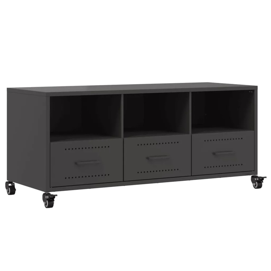 vidaXL TV-Schrank aus kaltgewalztem Stahl in Schwarz matt mit Rollen, B/T/H: 100,5 x 39 x 43,5 cm - Bild 2