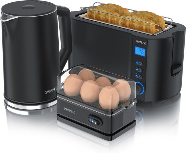 Arendo Frühstücks-Set in Schwarz mit Wasserkocher 1,5l, 4-Scheiben Toaster und 6er Eierkocher - Bild 1