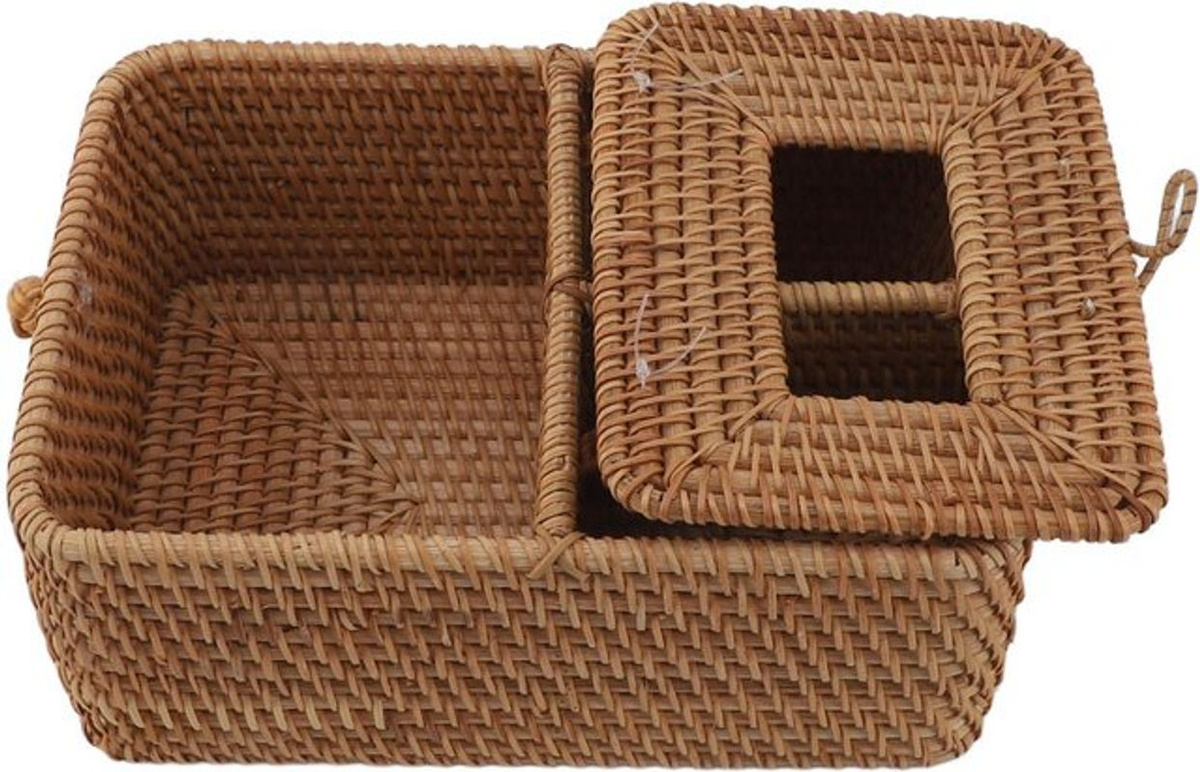KONNWEI Rattan Taschentuchbox quadratisch in Braun mit 2 Fächern und Deckling für Fernbedienungen im Bohemian Stil - Bild 1