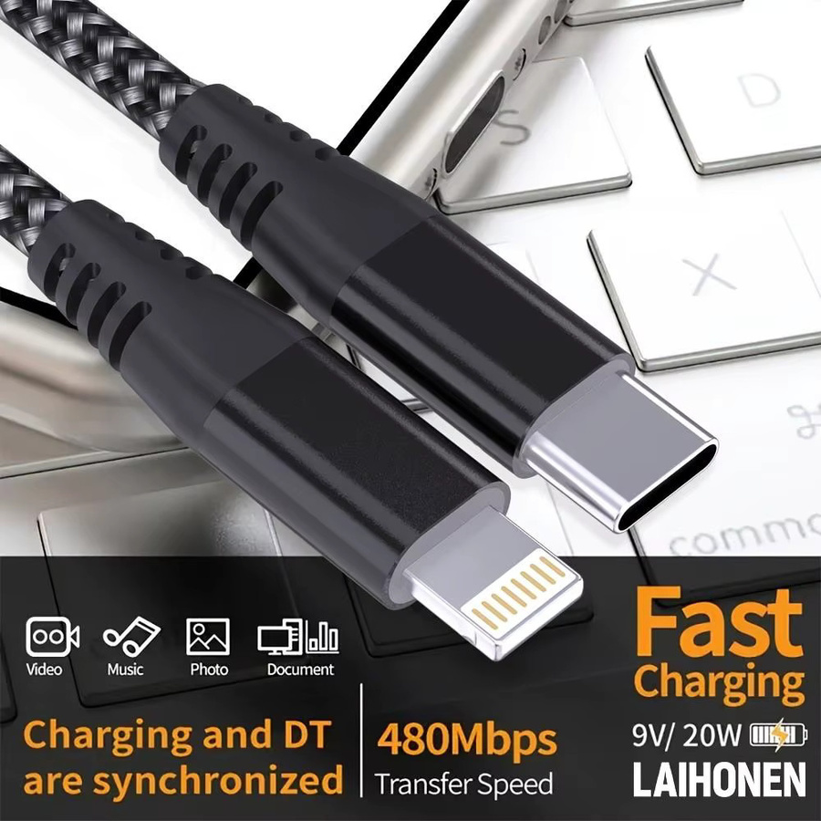 LAIHONEN USB-C zu Lightning Kabel 20W mit Nylon-Ummantelung für iPhone und iPad, Schwarz/Grau, Länge: 3 m - Bild 3