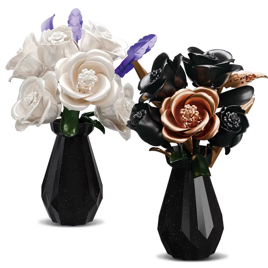HUIQIBAO MOC Blumenmodell Bausteine Rose und Tulpe Bouquet in Schwarz und Weiß als 3D Ziegel Spielzeug für die Dekoration oder als Valentinstagsgeschenk für Mädchen - Bild 5
